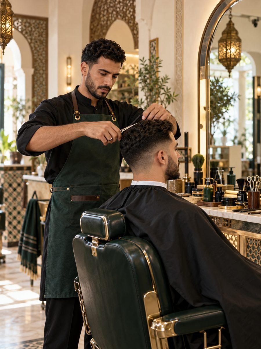 Barbier réalisant une coupe dégradée dans un barbershop au décor marocain