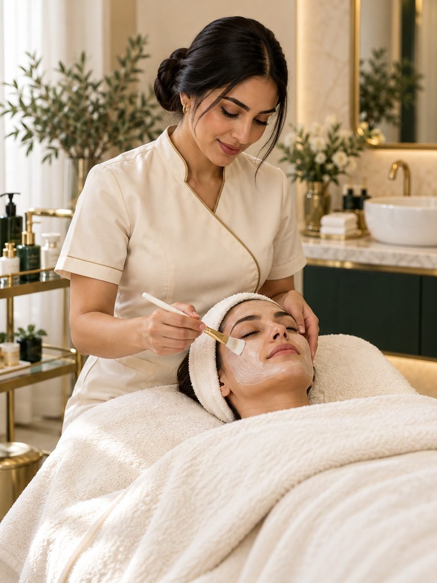 Esthéticienne appliquant un masque du visage dans un centre de beauté