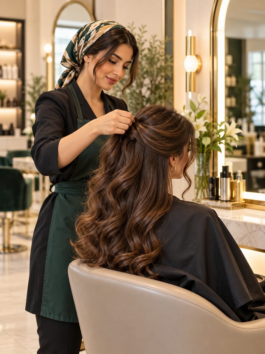 Coiffeuse coiffant une cliente dans un salon de coiffure lumineux