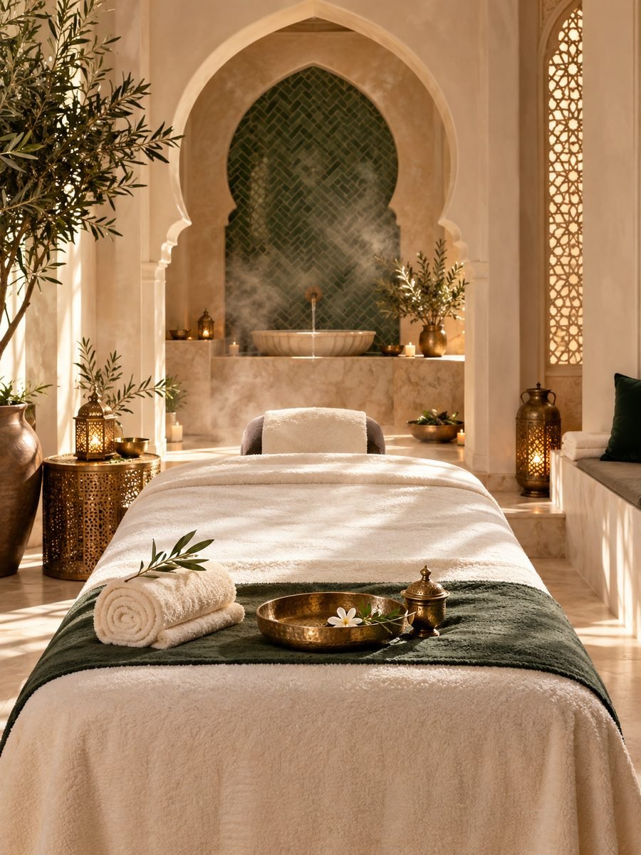 Cabine de massage d’un spa avec arche marocaine, serviettes et bougies